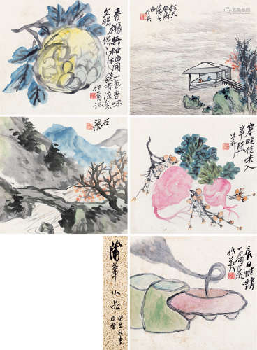 蒲华（1832～1911） 山水花果册 册页 （五开） 设色纸本