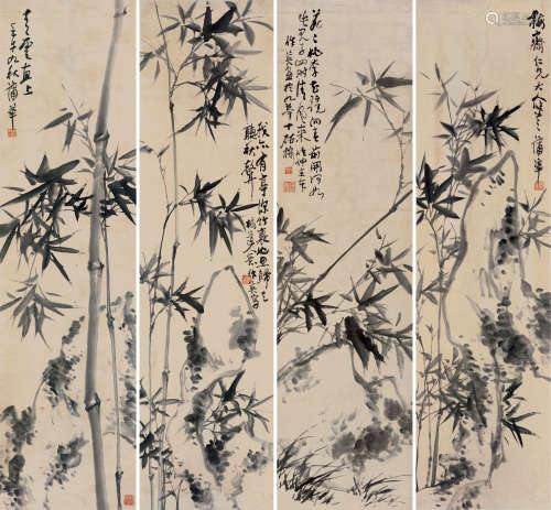 蒲华（1832～1911） 壬午（1882）年作 竹石 四屏 立轴 水墨纸本