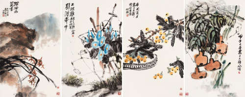 朱屺瞻（1892～1996） 花卉 四屏 立轴 设色纸本