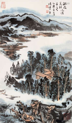 陆俨少（1909～1993） 乙丑（1985）年作 林峦村居 立轴 设色纸本
