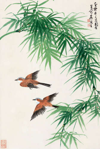 谢稚柳（1910～1997） 己巳（1989）年作 比翼双飞 镜片 设色纸本