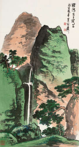 谢稚柳（1910～1997） 丙寅（1986）年作 松山飞瀑 镜片 设色纸本