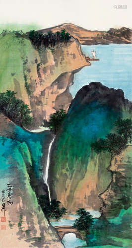 谢稚柳（1910～1997） 乙丑（1985）年作 青山飞瀑 立轴 设色纸本