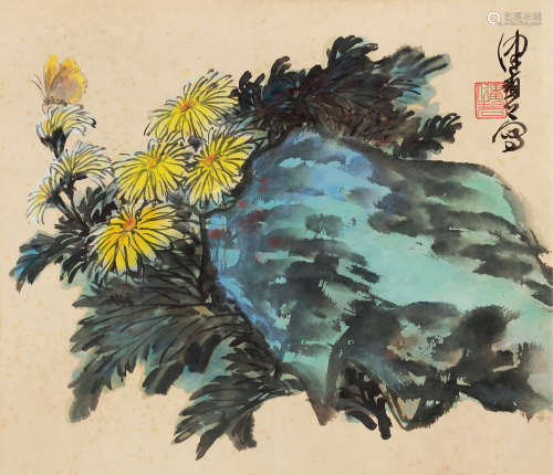 陈佩秋（b.1922） 菊石图 镜片 设色纸本