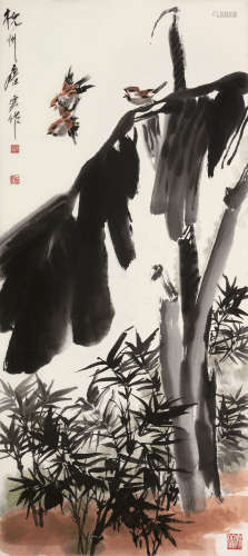 唐云（1910～1993） 竹雀图 立轴 设色纸本