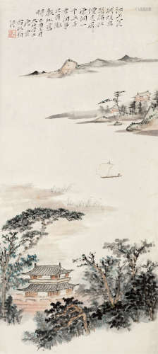唐云（1910～1993） 乙酉（1945）年作 春江帆影 立轴 设色纸本