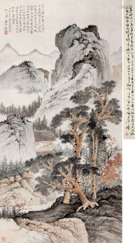 唐云（1910～1993） 丁亥（1947）年作 策杖赏松 立轴 设色纸本