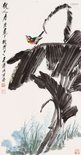 唐云（1910～1993） 丙寅（1986）年作 蕉荫雀鸣图 立轴 设色纸本