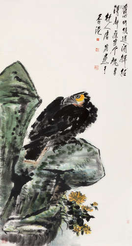 唐云（1910～1993） 菊石雄鹰 镜片 设色纸本