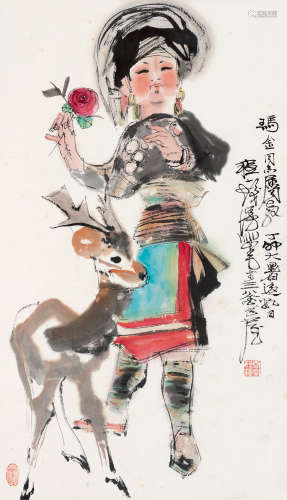 程十发（1921～2007） 丁卯（1987）年作 少女与羊 镜片 设色纸本