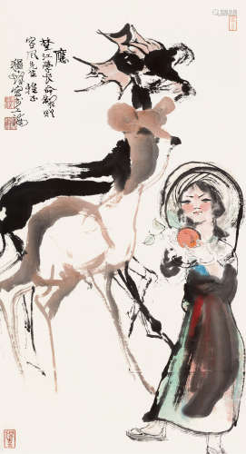 程十发（1921～2007） 少女与鹿 镜片 设色纸本