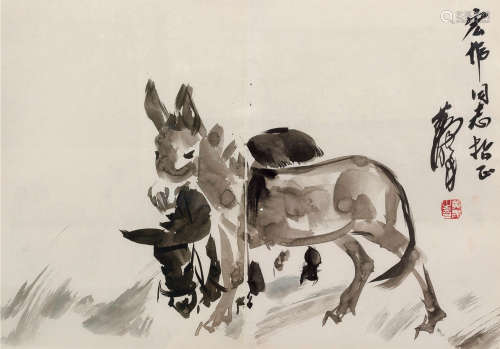 黄胄（1925～1997） 双驴图 镜框 水墨纸本