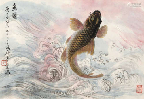 吴青霞（1910～2008） 壬戌（1982）年作 鱼跃 镜框 设色纸本