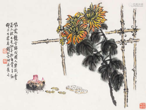 钱松嵒（1899～1985） 紫霞艳雪 镜片 设色纸本