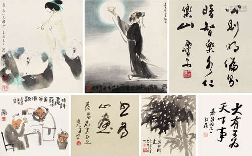 戴敦邦（b.1938）王为政（b.1944）刘二刚（b.1947）富华（b.1926） 辛酉（1981）年作 庚午（1990）年作 玉人吹箫 举杯邀明月 醉饮图 其性刚直 镜片 镜片 镜片 镜片 设色纸本 设色纸本 设色纸本 水墨纸本