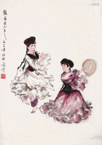 杨之光（b.1930） 1975年作 舞之乐 立轴 设色纸本