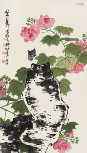 谢稚柳（1910～1997） 辛酉（1981）年作 拒霜蛱蝶 立轴 设色纸本