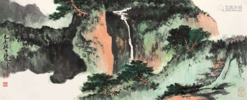 谢稚柳（1910～1997） 己未（1979）年作 青山飞瀑 镜片 设色纸本