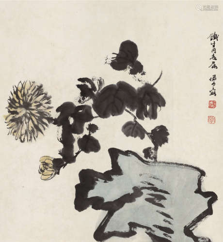 陆俨少（1909～1993） 菊石图 镜片 设色纸本