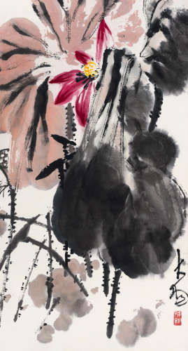 陈大羽（1912～2001） 红荷 镜片 设色纸本