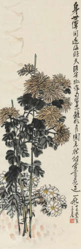 王震（1867～1938） 丁巳（1917）年作 秋菊 立轴 设色纸本