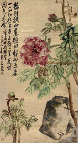 王震（1867～1938） 乙丑（1925）年作 富贵牡丹图 镜片 设色金笺
