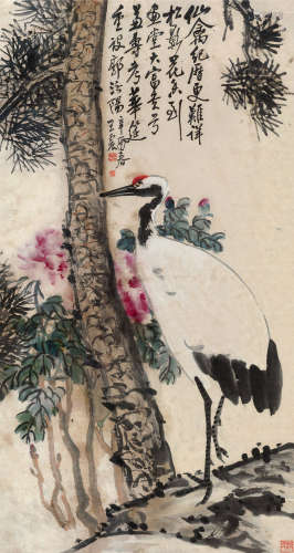 王震（1867～1938） 辛酉（1921）年作 松鹤延年 立轴 设色纸本