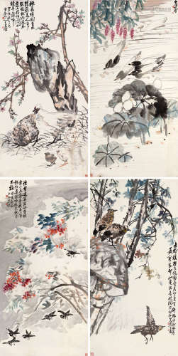 王震（1867～1938） 癸亥（1923）年作 花卉 四屏 立轴 设色纸本