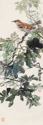汪亚尘（1894～1983） 葡萄麻雀 镜片 设色纸本