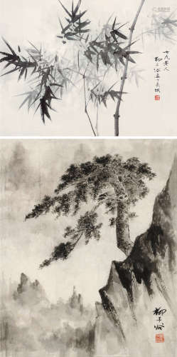 柳子谷（1901～1986） 松风图·修竹 镜片 水墨纸本