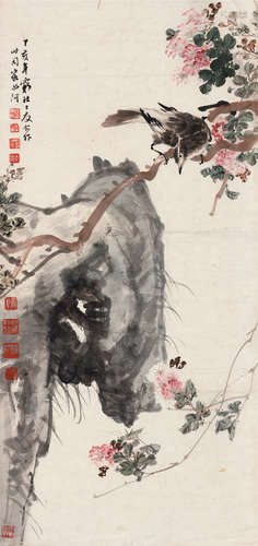 刘海粟（1896～1994）赵良翰等 丁亥（1947）年作 花鸟 立轴 设色纸本