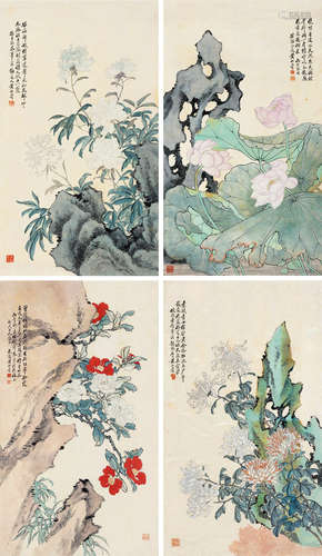 黄山寿（1855～1919） 丙午（1906）年作 花卉 四屏 镜片 设色纸本