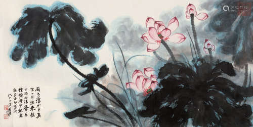 张大千（1899～1983） 庚申（1980）年作 红荷 镜片 设色纸本