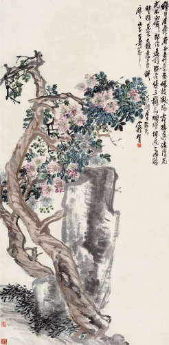 王个簃（1896～1988） 戊子（1948）年作 繁花奇石图 立轴 设色纸本