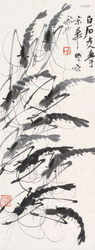 齐白石（1863～1957） 丁亥（1947）年作 墨虾图 立轴 水墨纸本
