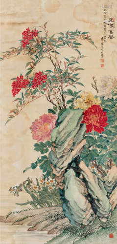 李荷生（1870～1939） 乙丑（1925）年作 天仙富贵 立轴 设色绢本