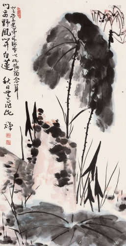 李苦禅（1899～1983） 门前野风开白莲 立轴 设色纸本
