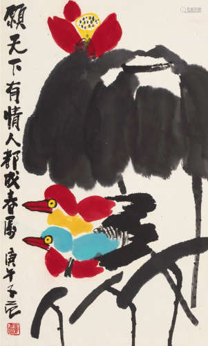 崔子范（1915～2001） 庚午（1990）年作 荷花鸳鸯 镜片 设色纸本