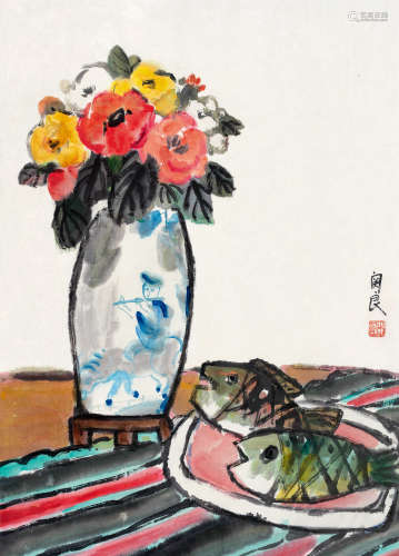 关良（1900～1986） 瓶花 镜片 设色纸本