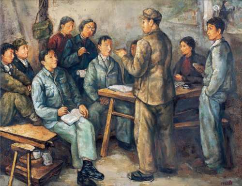 关良（1900～1986） 1953年作 学生下乡访问农户 镜框 布面油画