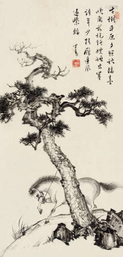 溥儒（1896～1963） 古树骏马图 镜片 水墨纸本