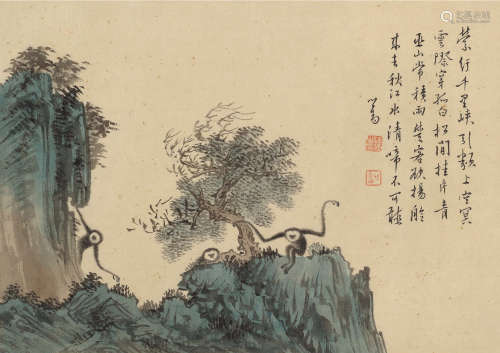 溥儒（1896～1963） 猿戏图 镜片 设色绢本