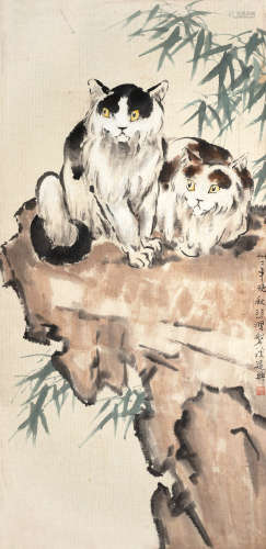 徐悲鸿（1895～1953） 1943年作 猫趣 镜框 设色纸本