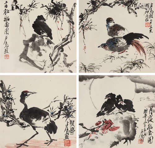 卢光照（1914～2001） 花鸟 四屏 立轴 设色纸本