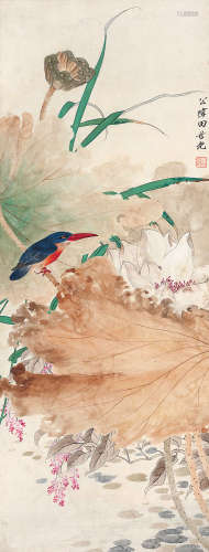 田世光（1916～1999） 荷塘翠鸟 立轴 设色纸本