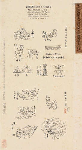 梁思成（1901～1972） 1933年作 勘绘云冈石窟所表现之北魏建筑图例 镜片 纸本