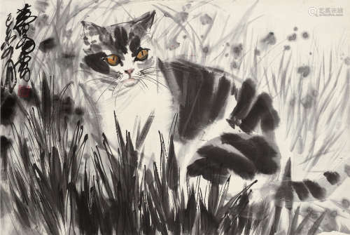 黄胄（1925～1997） 己未（1979）年作 花间猫戏 立轴 设色纸本