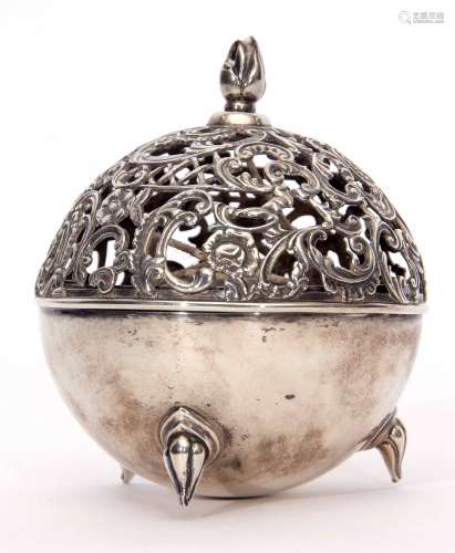 Victorian string box of spherical form, the cast C-scroll and pierced and hinged cover with cast and
