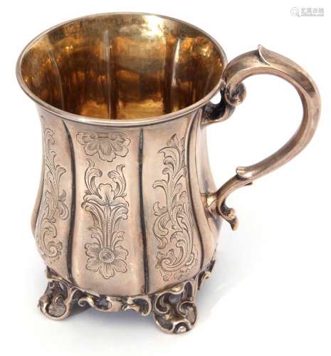 Early Victorian christening mug of waisted cylindrical form with applied rim and C-scroll handle
