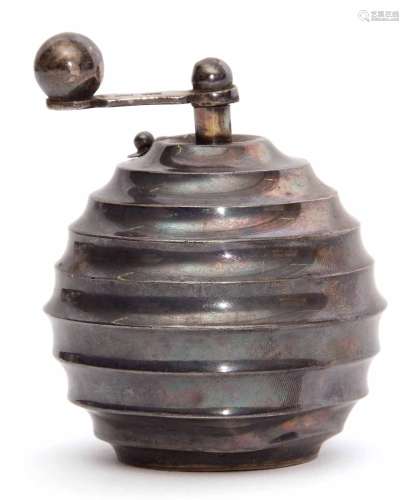 20th century Continental white metal pepper grinder of scalloped spherical form, cast and applied